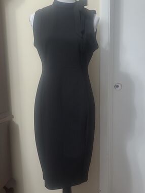 Calvin Klein Black Sleeveless Midi Sheath Dress with Neck Tie